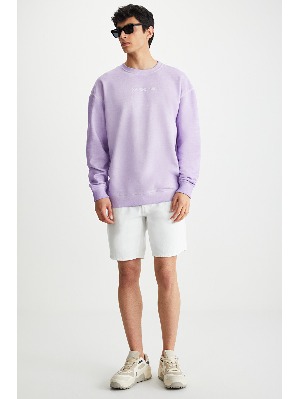 Blandon Erkek Bisiklet Yaka İçi Polarlı Baskı Detaylı Yıkamalı Lila Sweatshirt-3
