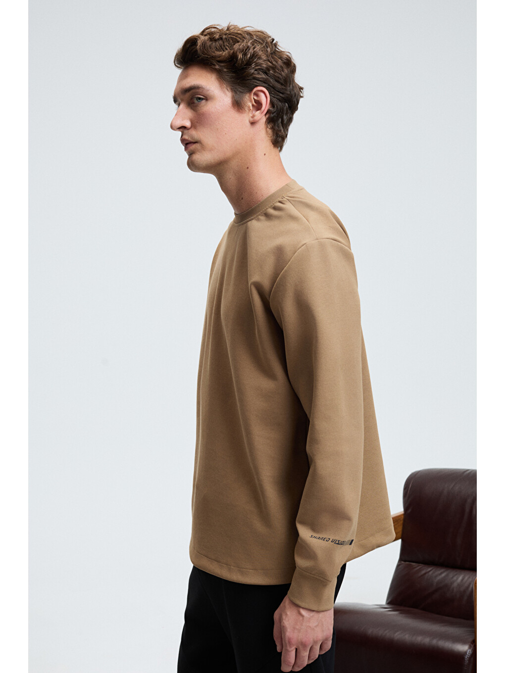 Bej Edmund Erkek Kolu Baskılı Eteği Lastik Ve Stoperli Bisiklet Yaka Vizon Sweatshirt-3