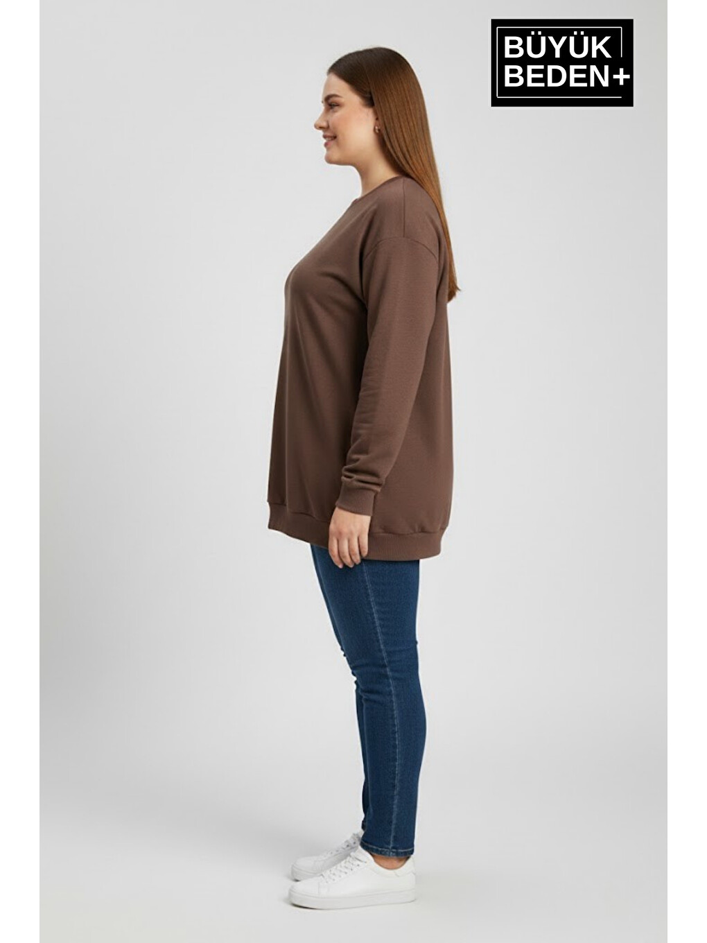Kahverengi Kadın Büyük Beden Bisiklet Yaka Kollar ve Etek Ribanalı İnce Sweatshirt SPR26BSWK956-1