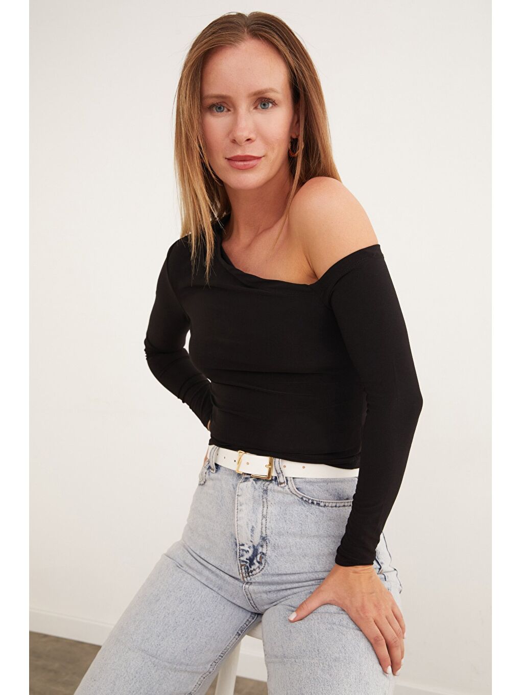 Siyah Basic Tek Omuz Bluz-2