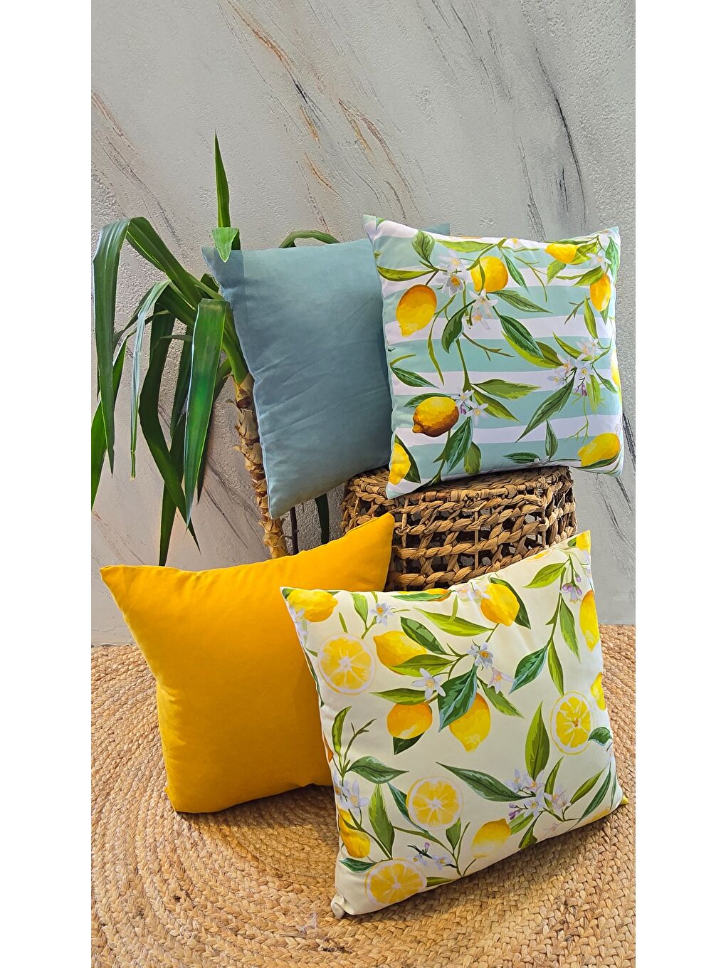 Sarı Limon Desen -Düz  Sade Panoroma  4 lü Dekoratif Kırlent Kılıfı 45x45