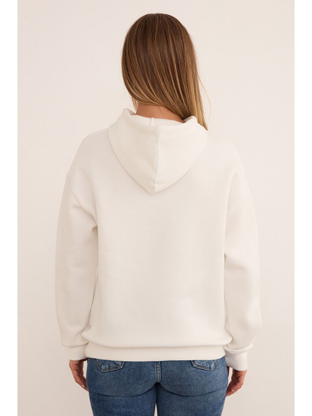 Ekru 3 İplik Fiyonk İşlemeli Kapüşonlu Sweatshirt-4