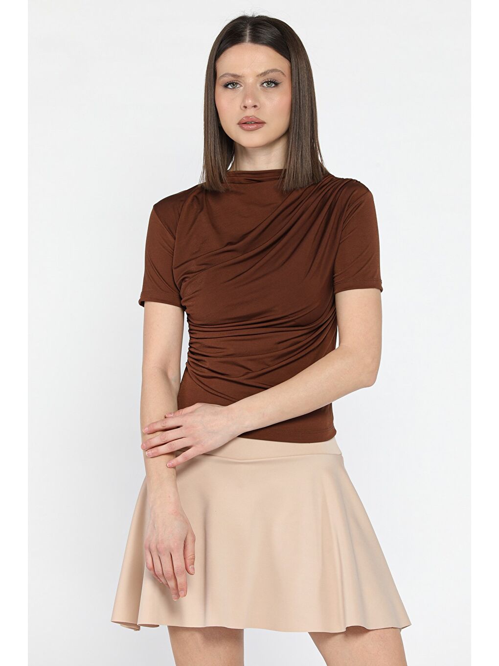 Kahverengi Kadın Omuz Ve Bel Drapeli Kısa Kol Bluz