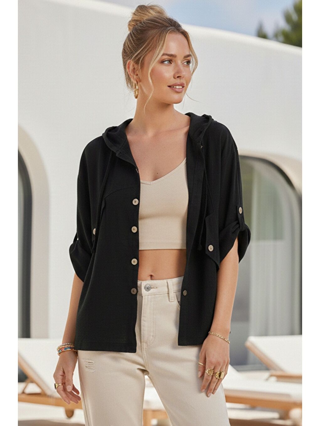 Siyah Kapüşonlu Düğmeli 3/4 Kol Cepli Casual Keten Görünümlü Dokuma Ceket 65 65-2