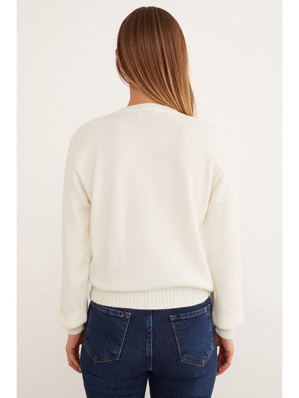 Ekru Taşlı Bisiklet Yaka Triko Kazak-4