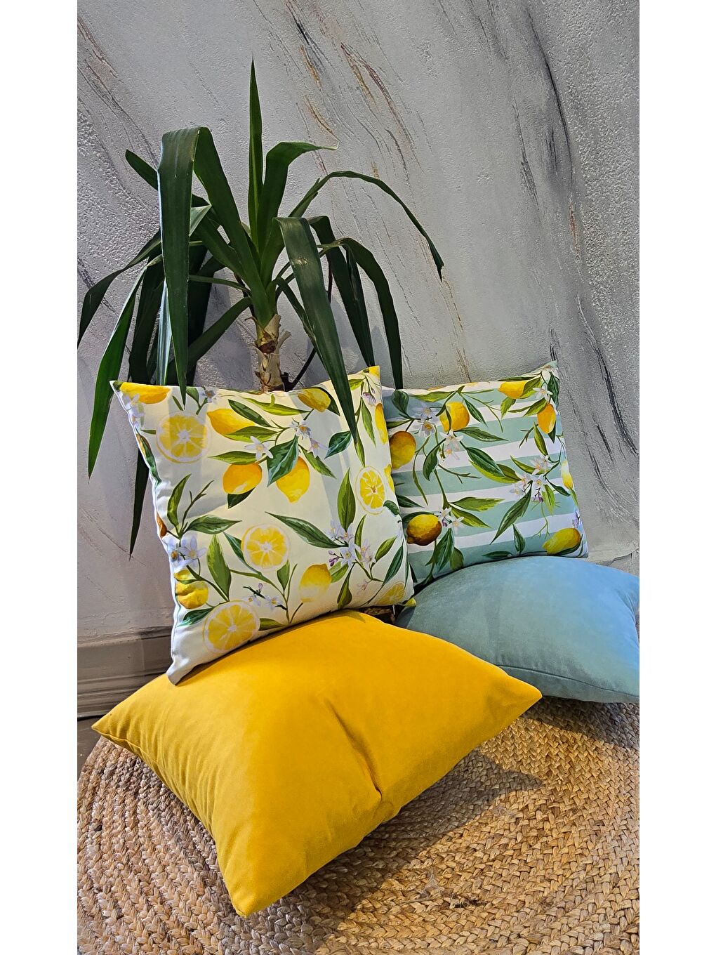 Sarı Limon Desen -Düz  Sade Panoroma  4 lü Dekoratif Kırlent Kılıfı 45x45-2