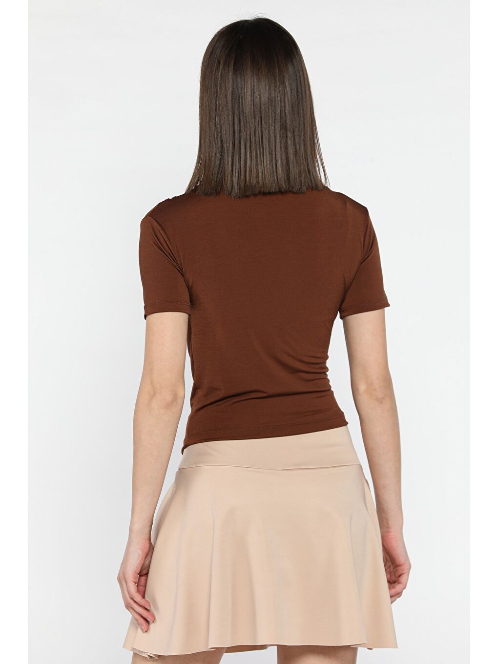 Kahverengi Kadın Omuz Ve Bel Drapeli Kısa Kol Bluz-2