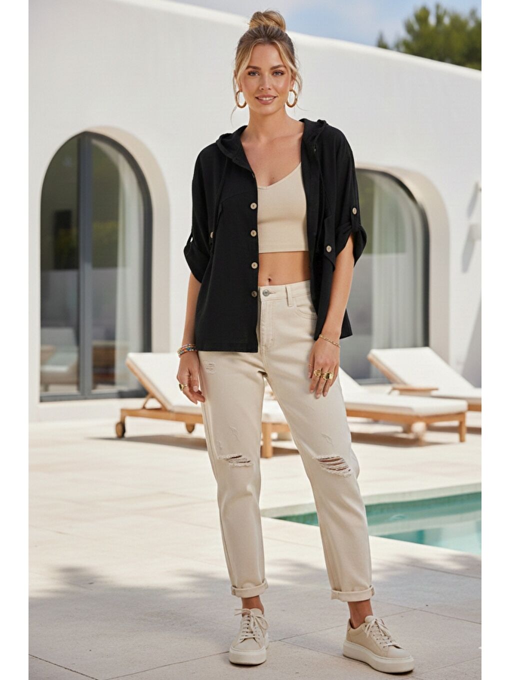 Siyah Kapüşonlu Düğmeli 3/4 Kol Cepli Casual Keten Görünümlü Dokuma Ceket 65 65-3