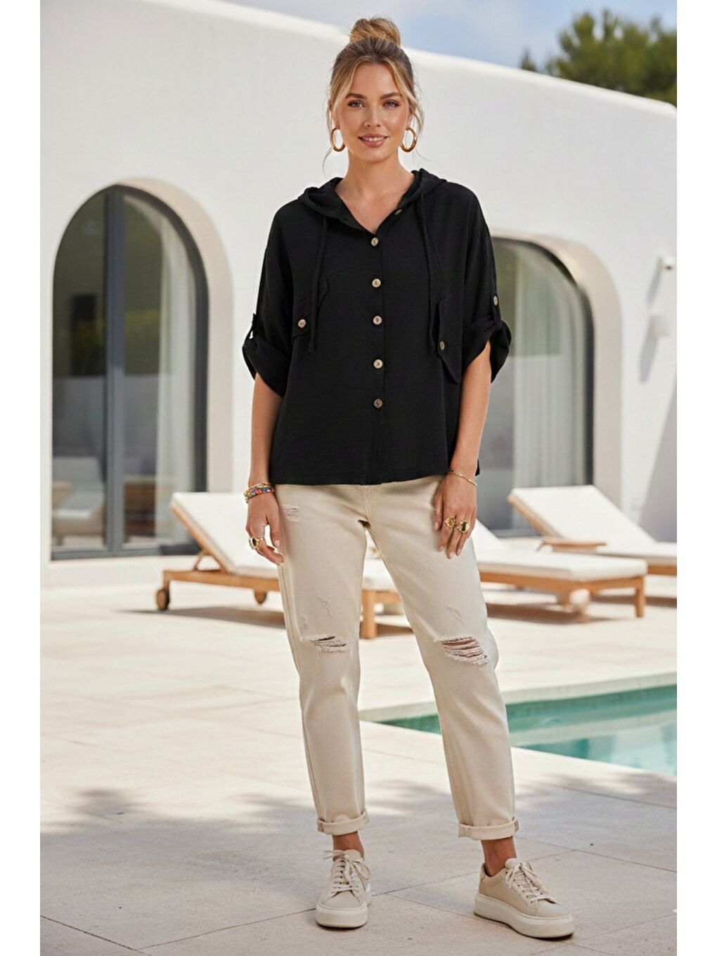 Siyah Kapüşonlu Düğmeli 3/4 Kol Cepli Casual Keten Görünümlü Dokuma Ceket 65 65-4