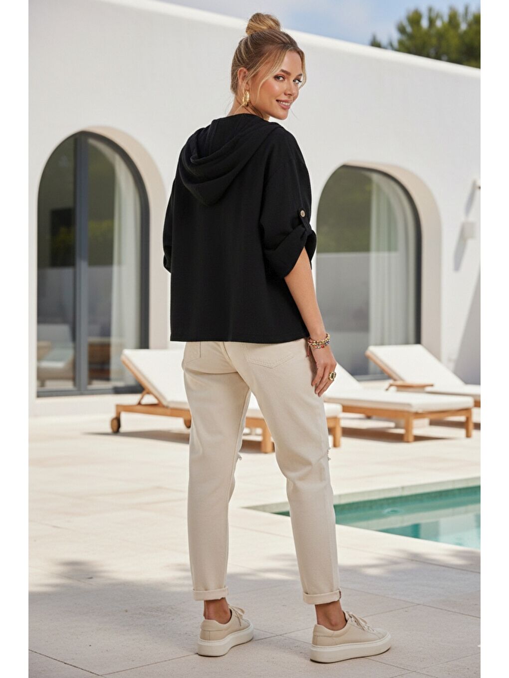 Siyah Kapüşonlu Düğmeli 3/4 Kol Cepli Casual Keten Görünümlü Dokuma Ceket 65 65-5