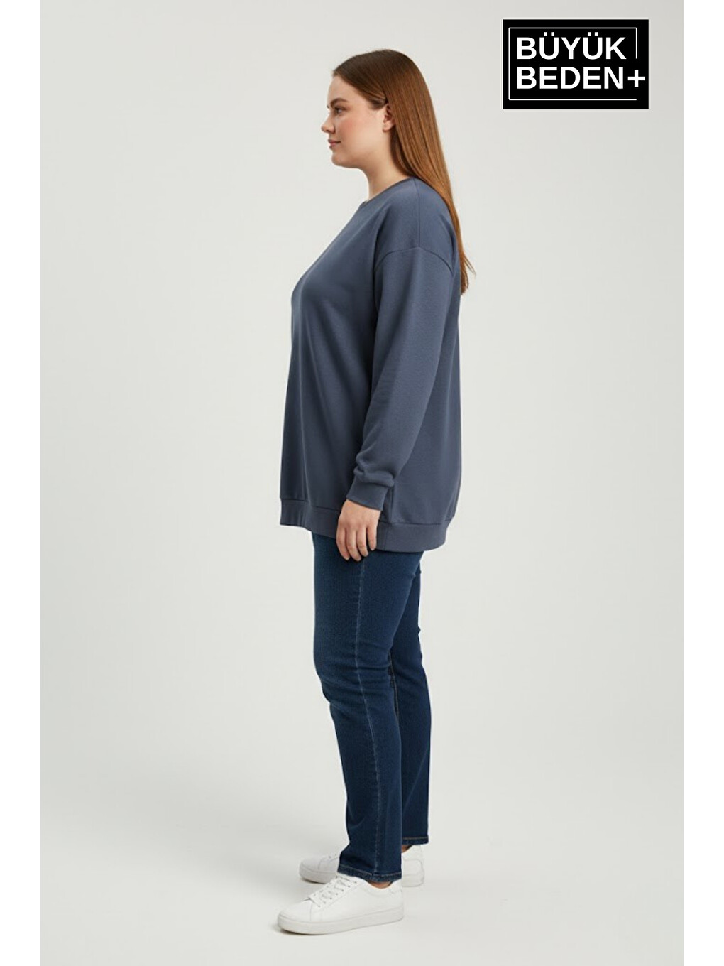 Mavi Kadın Büyük Beden Bisiklet Yaka Kollar ve Etek Ribanalı İnce Sweatshirt SPR26BSWK956-1