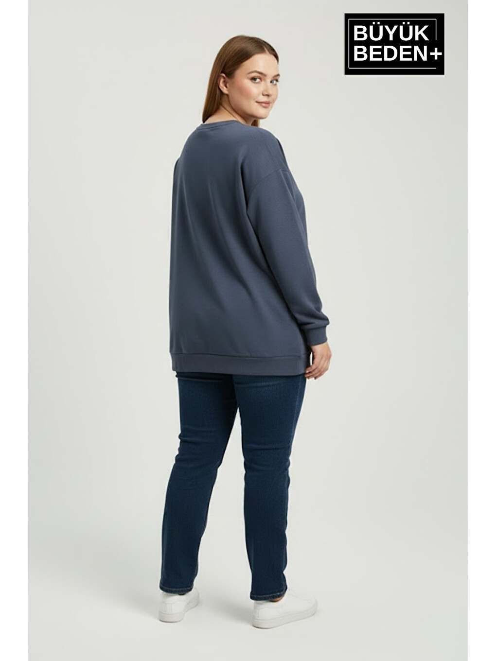Mavi Kadın Büyük Beden Bisiklet Yaka Kollar ve Etek Ribanalı İnce Sweatshirt SPR26BSWK956-2