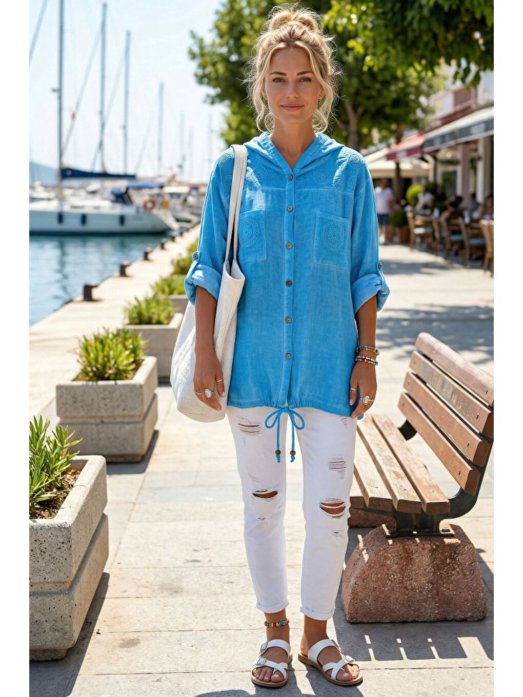 Turkuaz 3/4 Kol Düğmeli Cepli Önü Nakışlı Casual Dokuma Ceket 70 65-4