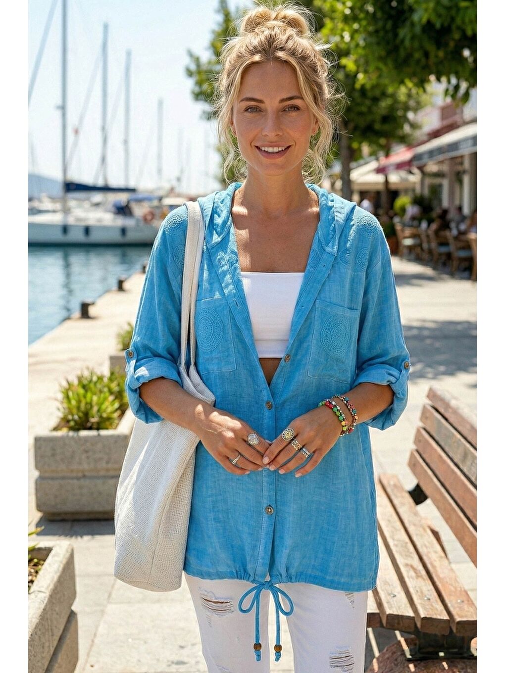 Turkuaz 3/4 Kol Düğmeli Cepli Önü Nakışlı Casual Dokuma Ceket 70 65