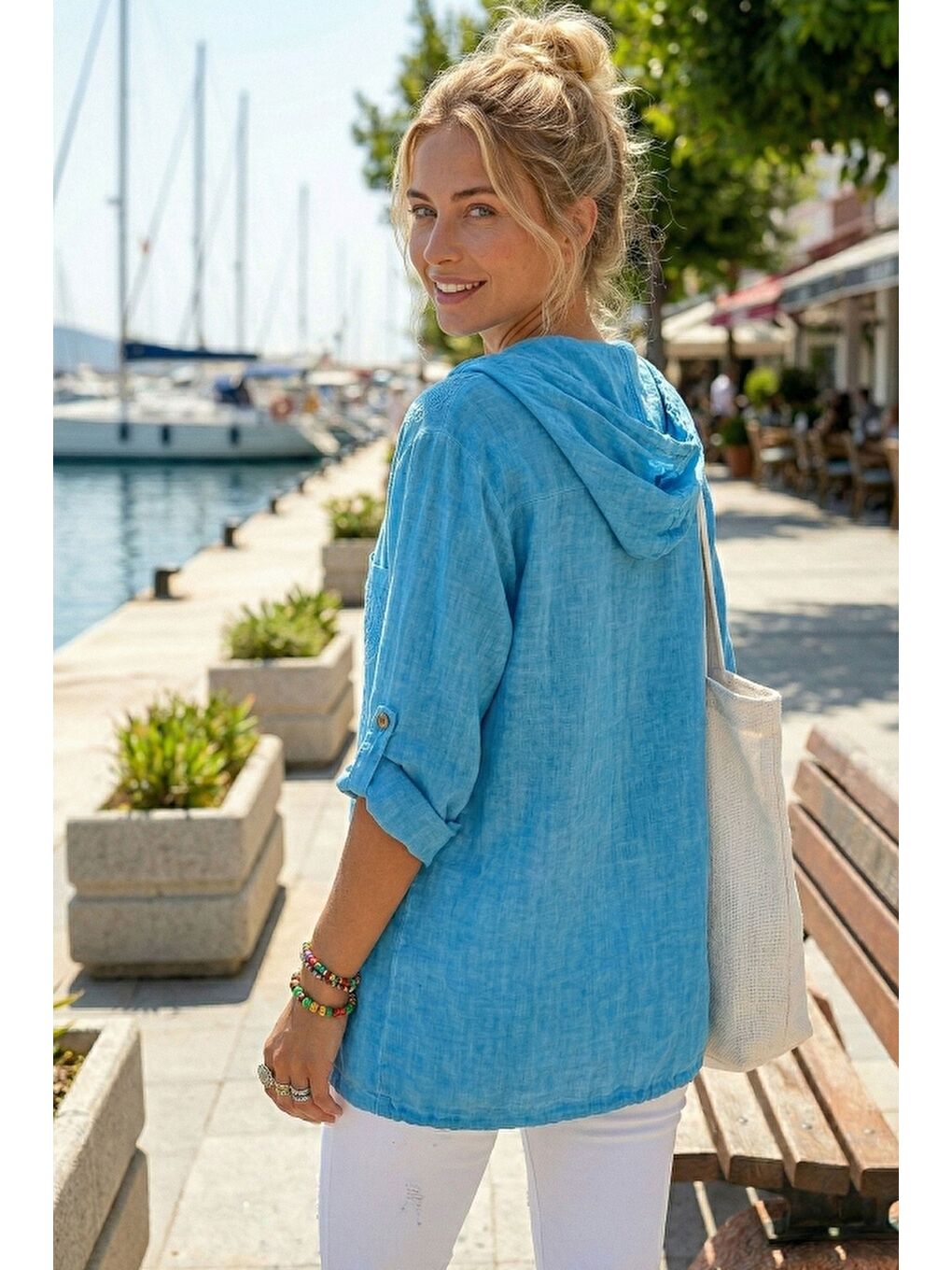 Turkuaz 3/4 Kol Düğmeli Cepli Önü Nakışlı Casual Dokuma Ceket 70 65-1