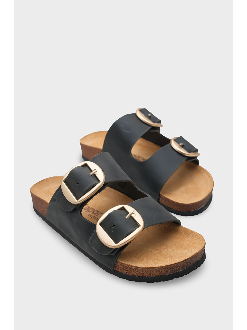 Siyah Cathie İki Büyük Tokalı Anatomik Mantar Tabanlı Deri Terlik-1