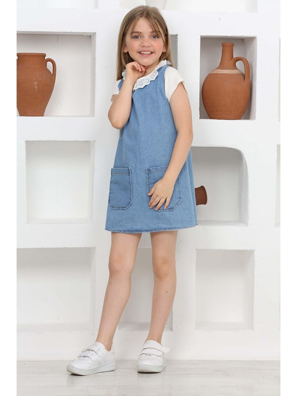 Mavi Kız Çocuk 2'li Jean Elbise (Çift Cepli Jean Elbise+Bluz)12203-1