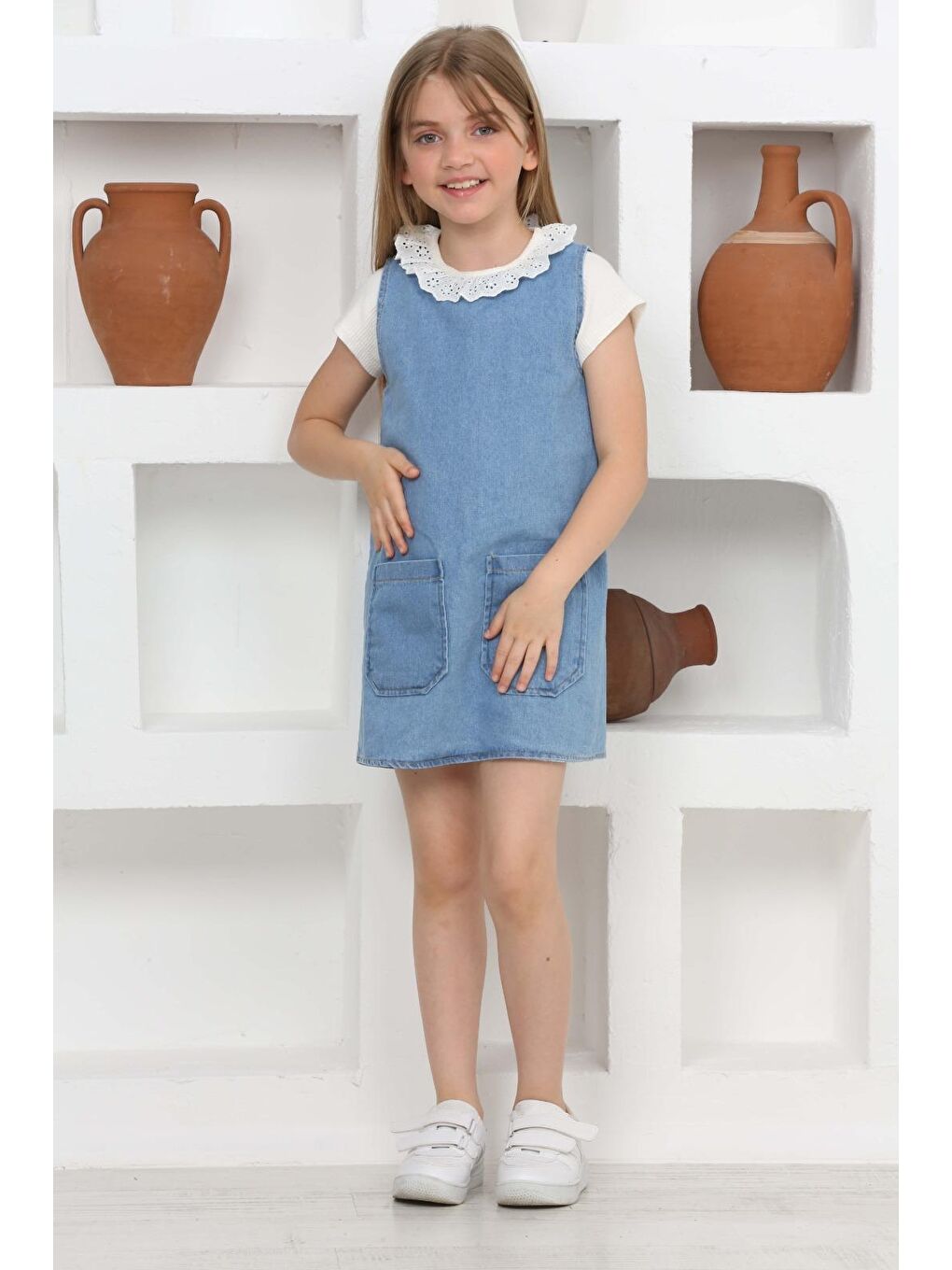 Mavi Kız Çocuk 2'li Jean Elbise (Çift Cepli Jean Elbise+Bluz)12203-2