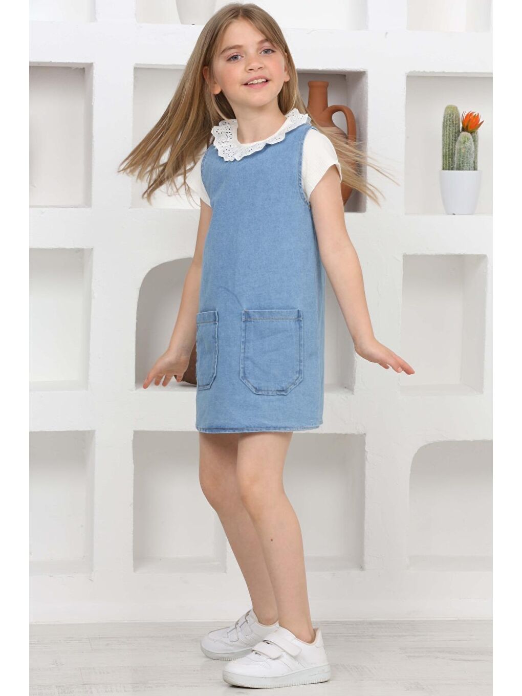 Mavi Kız Çocuk 2'li Jean Elbise (Çift Cepli Jean Elbise+Bluz)12203-3