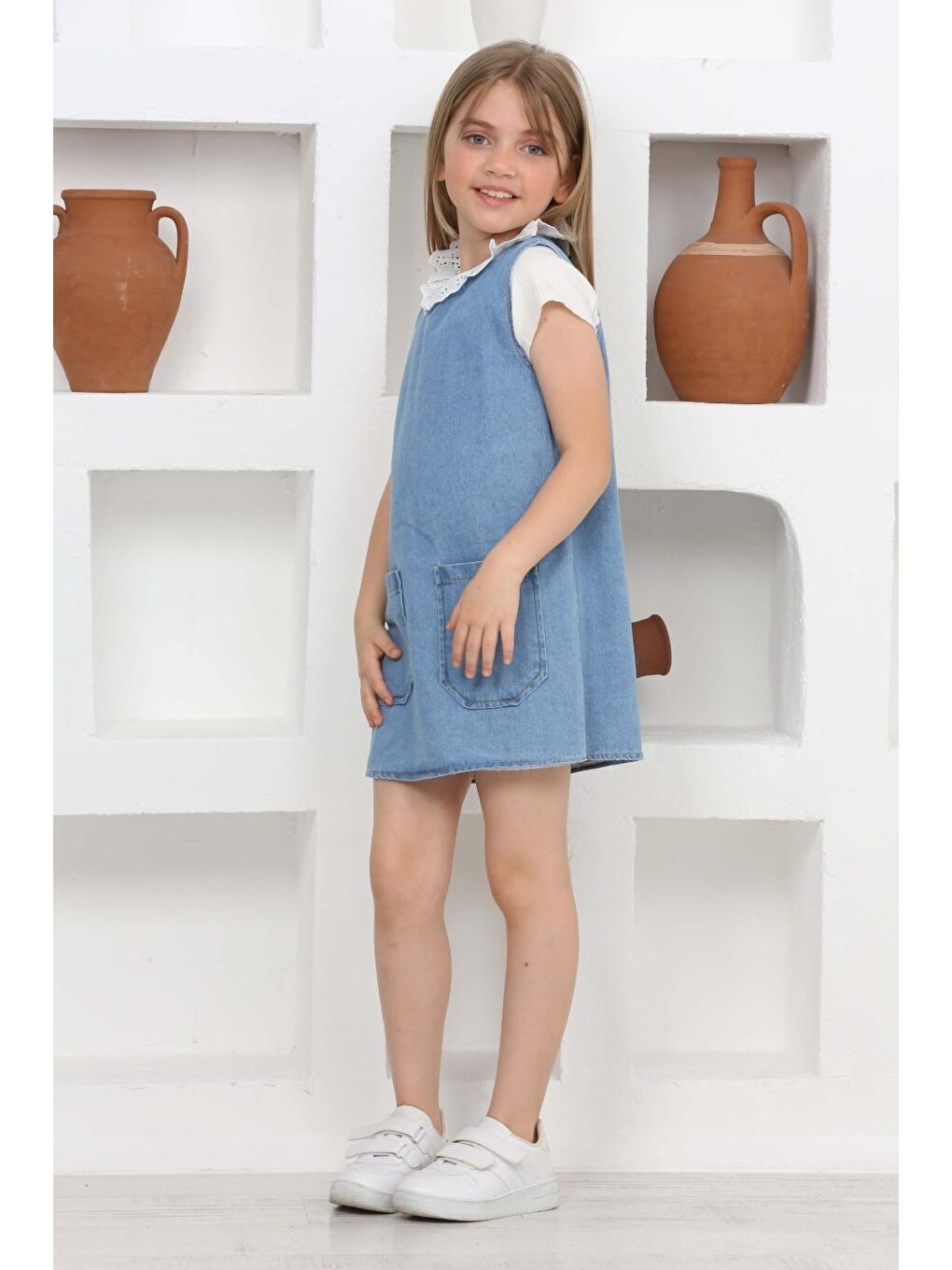 Mavi Kız Çocuk 2'li Jean Elbise (Çift Cepli Jean Elbise+Bluz)12203-4