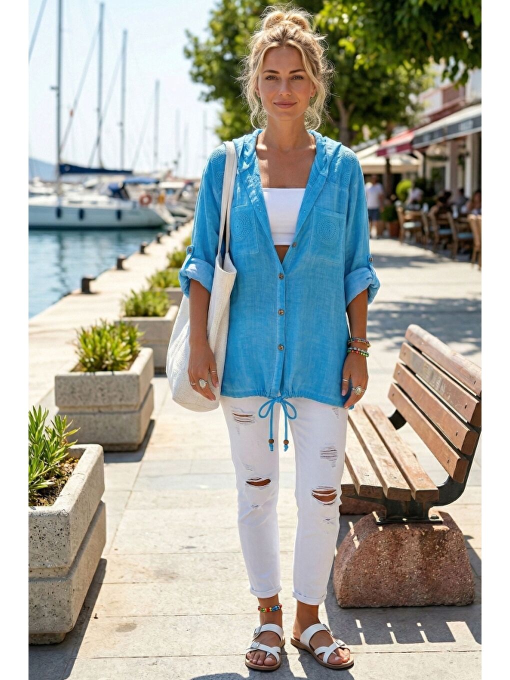Turkuaz 3/4 Kol Düğmeli Cepli Önü Nakışlı Casual Dokuma Ceket 70 65-3