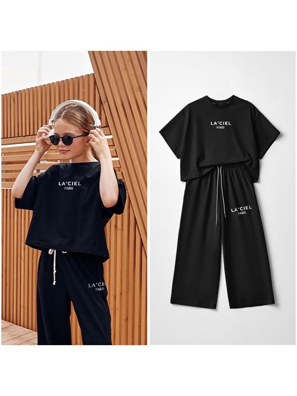 Siyah Kız Çocuk Oversize Günlük Takım Pamuklu T-Shirt Eşofman Rahat Kombin-1