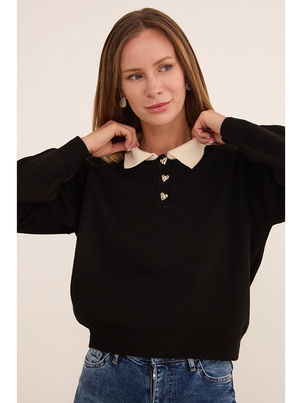 Siyah Basic Gömlek Yaka Yarım Düğmeli Triko Kazak-1