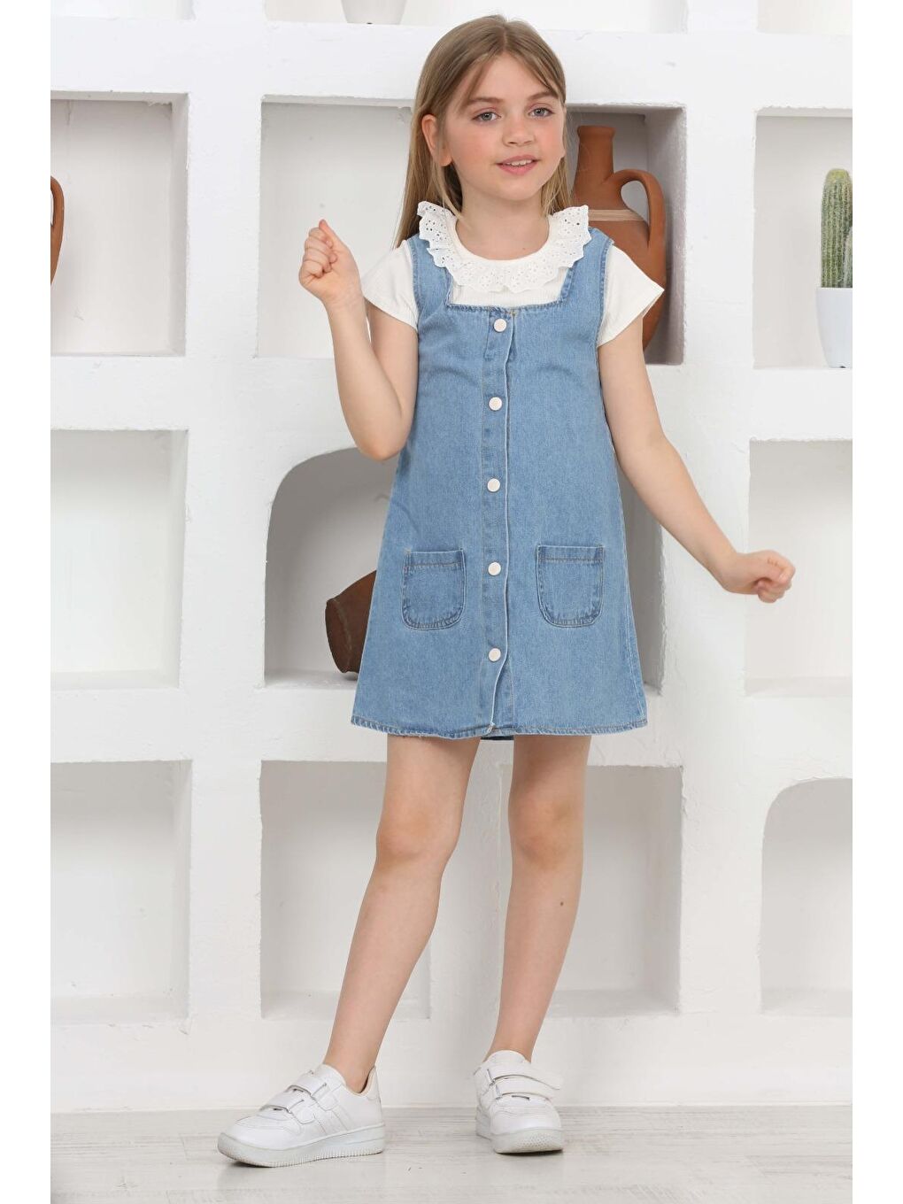 Mavi Kız Çocuk 2'li Jean Elbise (Salopet Jean Elbise+Bluz)12202