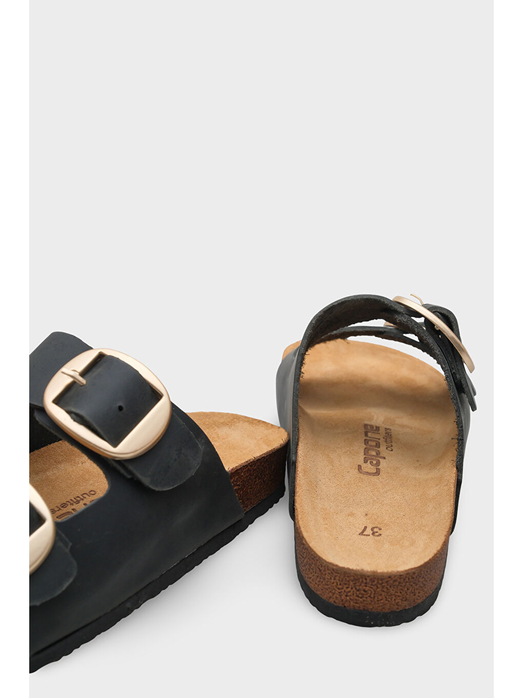 Siyah Cathie İki Büyük Tokalı Anatomik Mantar Tabanlı Deri Terlik-3