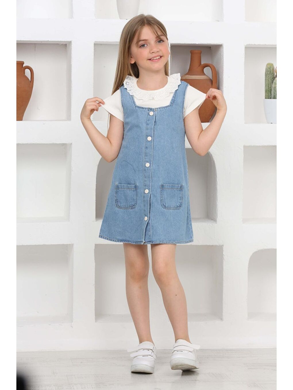 Mavi Kız Çocuk 2'li Jean Elbise (Salopet Jean Elbise+Bluz)12202-1