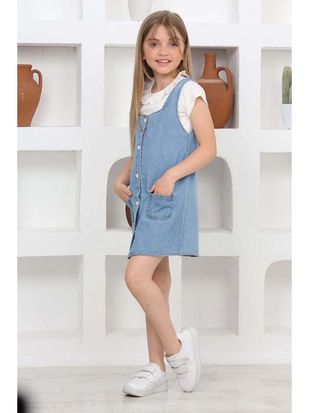 Mavi Kız Çocuk 2'li Jean Elbise (Salopet Jean Elbise+Bluz)12202-2