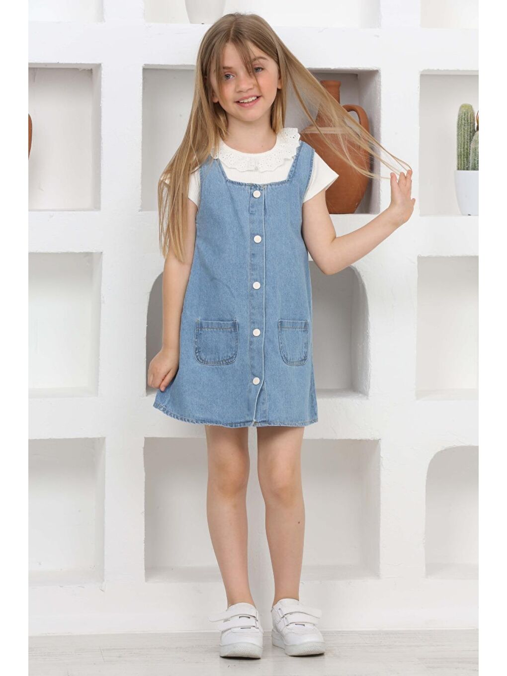 Mavi Kız Çocuk 2'li Jean Elbise (Salopet Jean Elbise+Bluz)12202-3