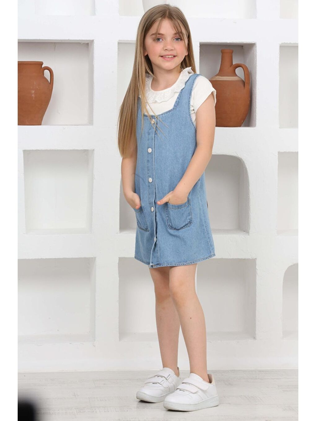 Mavi Kız Çocuk 2'li Jean Elbise (Salopet Jean Elbise+Bluz)12202-4