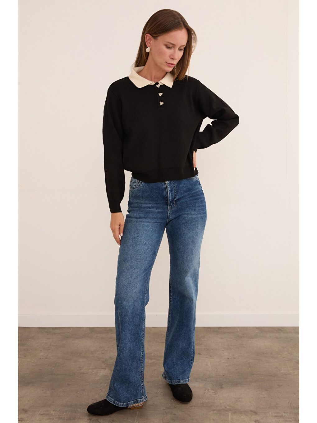 Siyah Basic Gömlek Yaka Yarım Düğmeli Triko Kazak-2