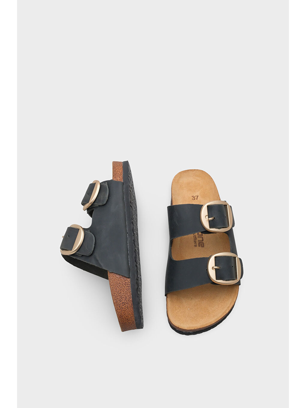 Siyah Cathie İki Büyük Tokalı Anatomik Mantar Tabanlı Deri Terlik-4