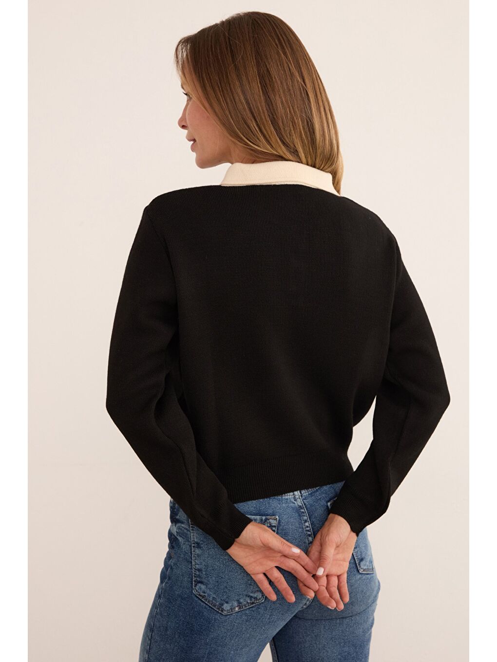 Siyah Basic Gömlek Yaka Yarım Düğmeli Triko Kazak-3