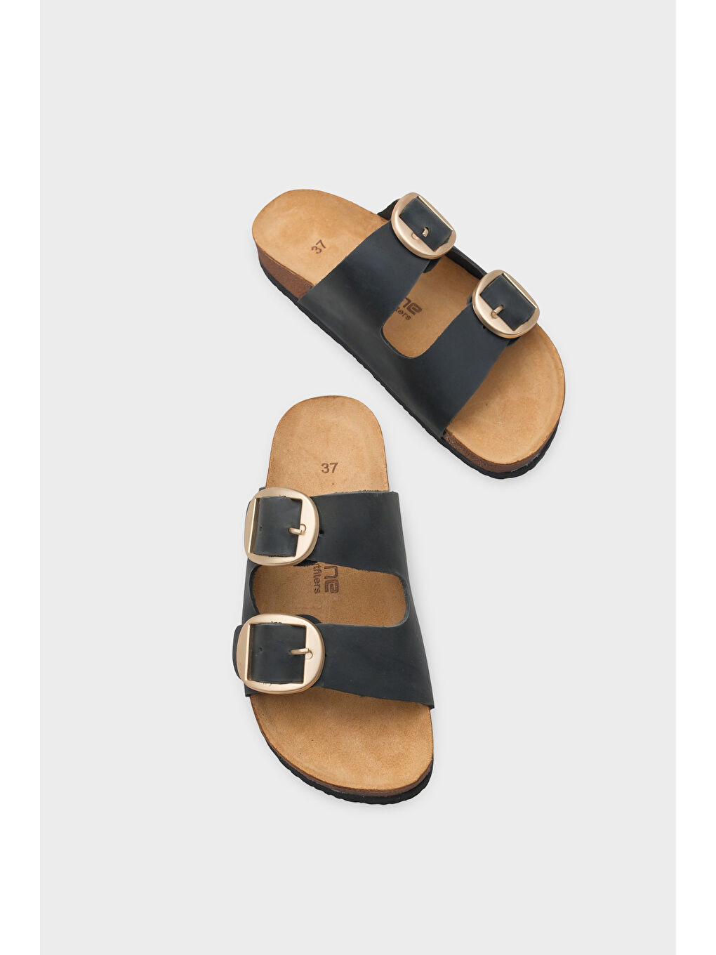 Siyah Cathie İki Büyük Tokalı Anatomik Mantar Tabanlı Deri Terlik-5