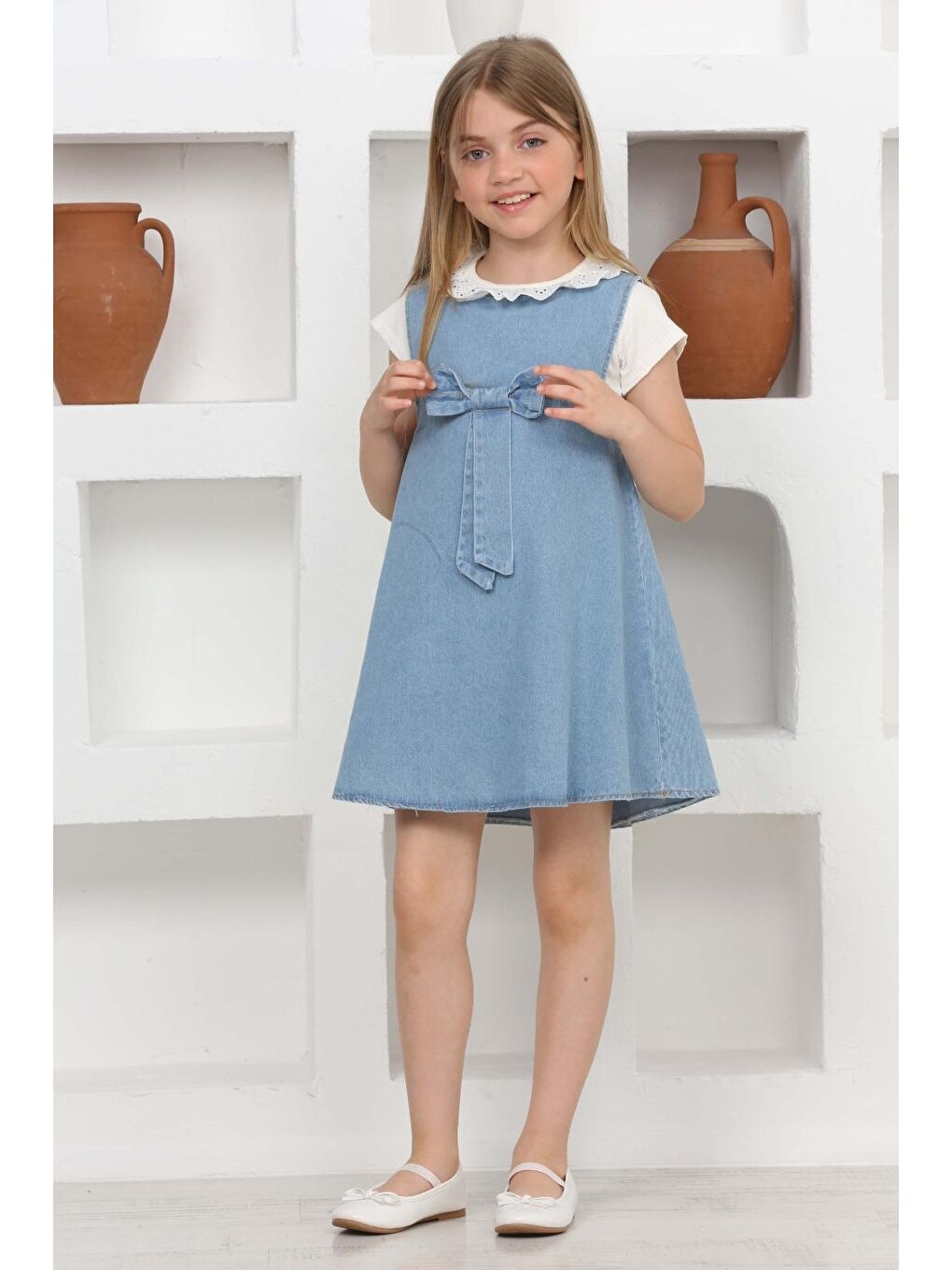 Mavi Kız Çocuk 2'li Jean Elbise (Fiyonklu Jean Elbise+Bluz)12201
