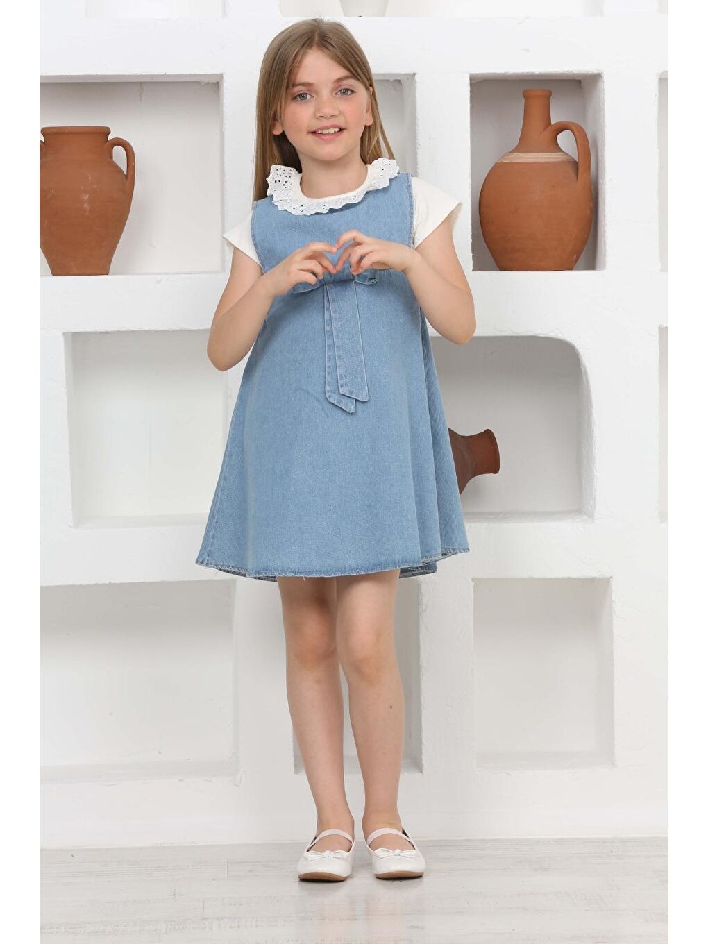 Mavi Kız Çocuk 2'li Jean Elbise (Fiyonklu Jean Elbise+Bluz)12201-1