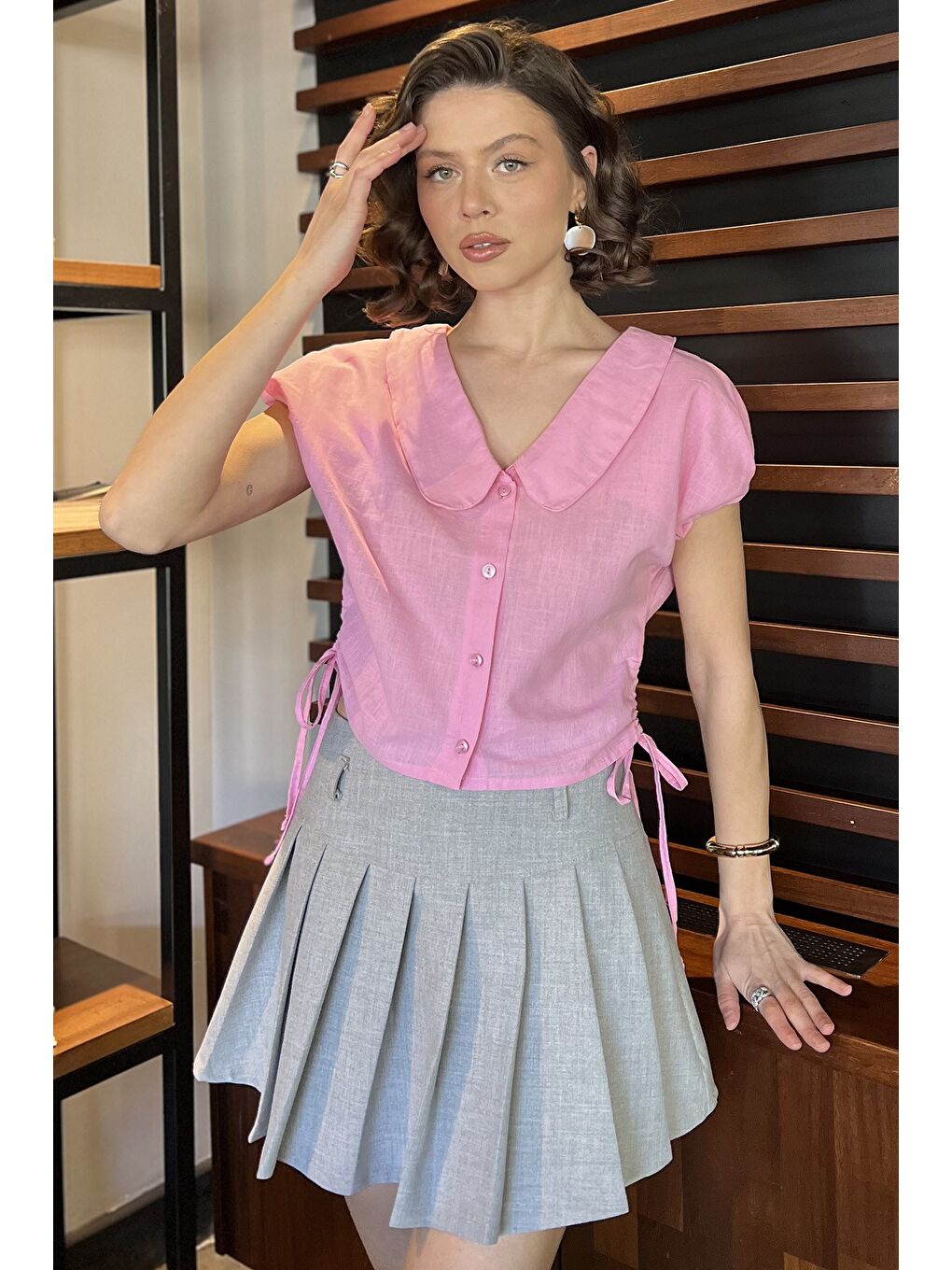 Pembe Kol Lastikli Yan Bağcıklı Kadın Gömlek-1