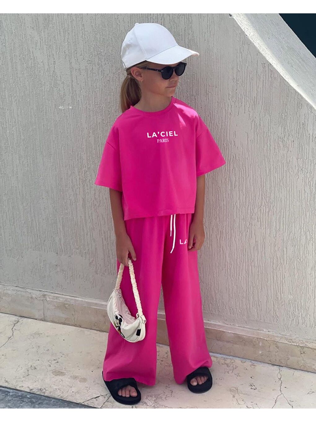 Pembe Kız Çocuk Oversize Günlük Takım Pamuklu T-Shirt Eşofman Rahat Kombin-1