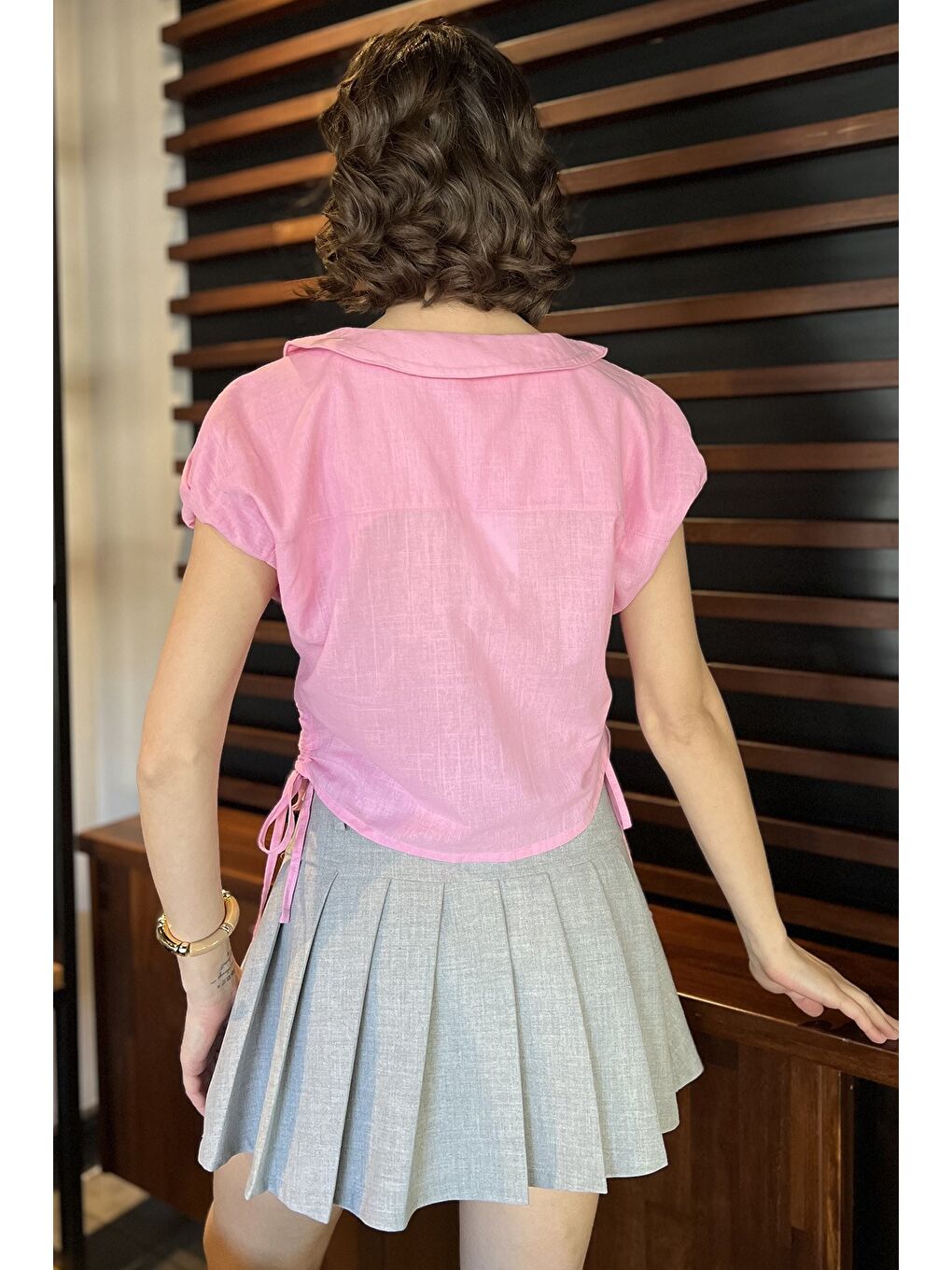 Pembe Kol Lastikli Yan Bağcıklı Kadın Gömlek-2