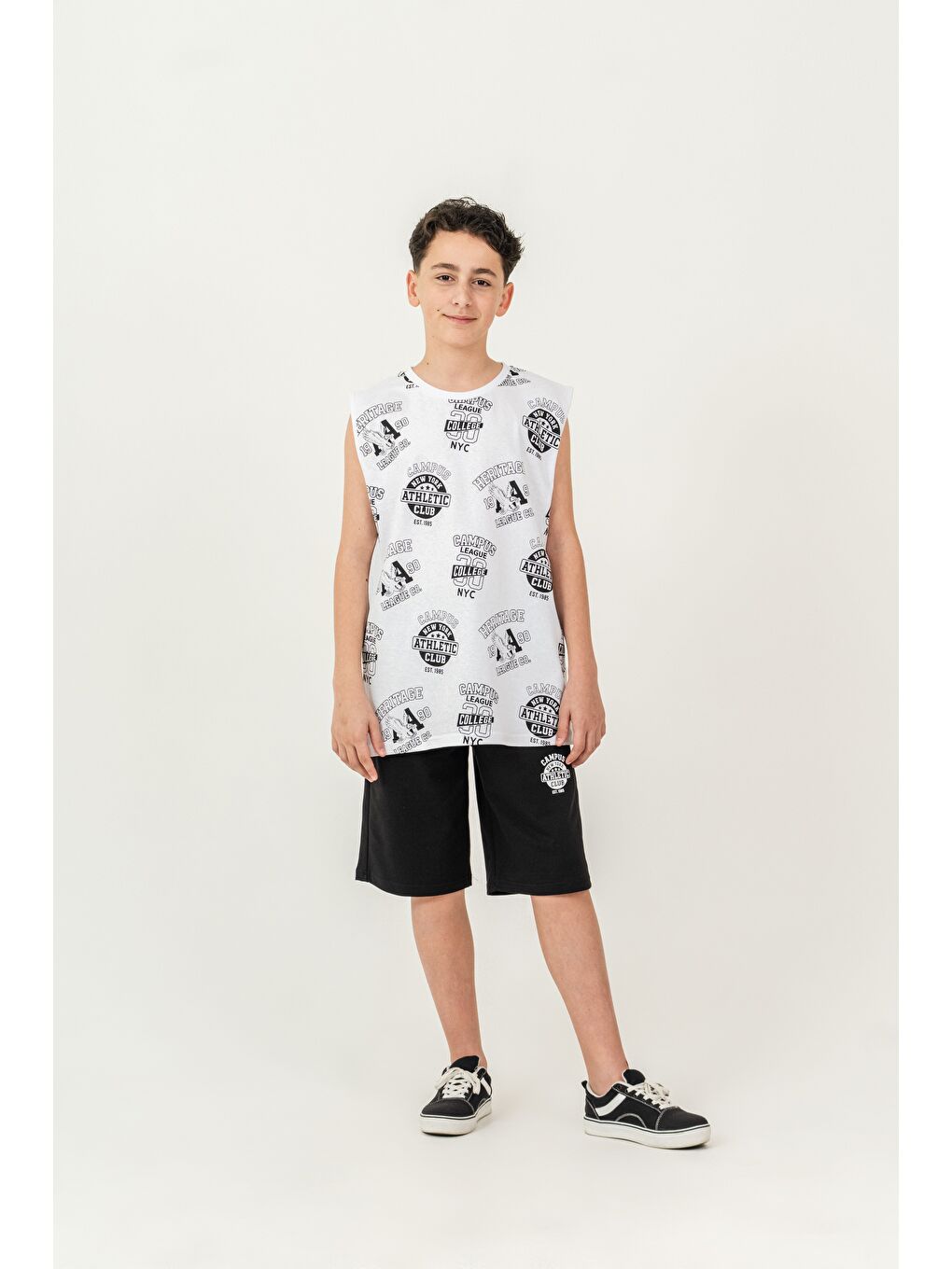 Siyah Üst Atlet Tüm Alan Baskılı Alt Kapri Sol Bacak Baskılı Erkek Çocuk Şort - Atlet Takımı