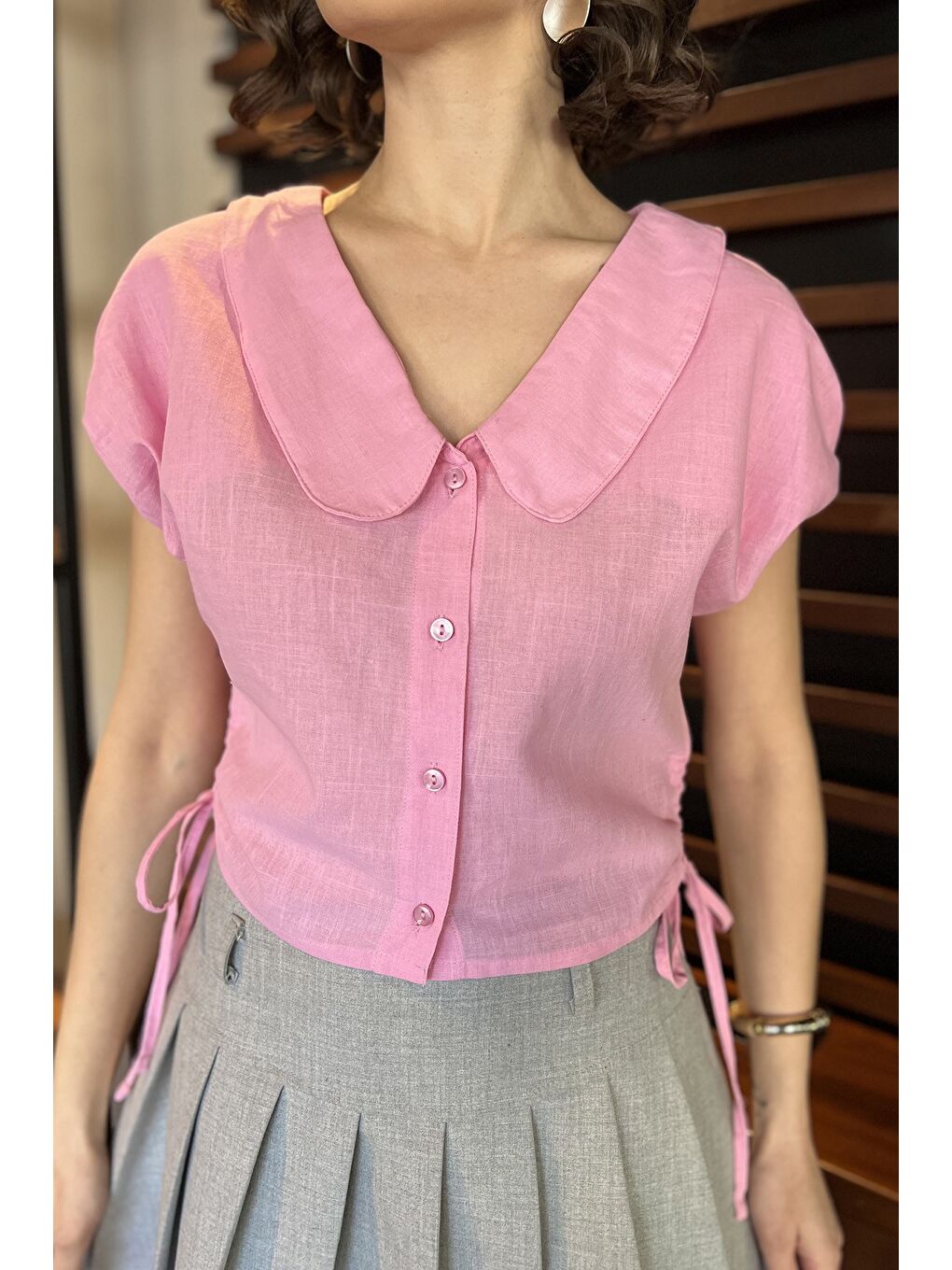 Pembe Kol Lastikli Yan Bağcıklı Kadın Gömlek-3