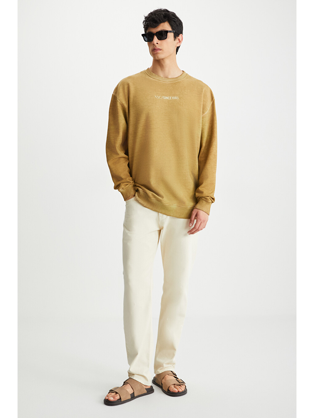 Erkek Bisiklet Yaka İçi Polarlı Baskı Detaylı Yıkamalı Bej Sweatshirt-3