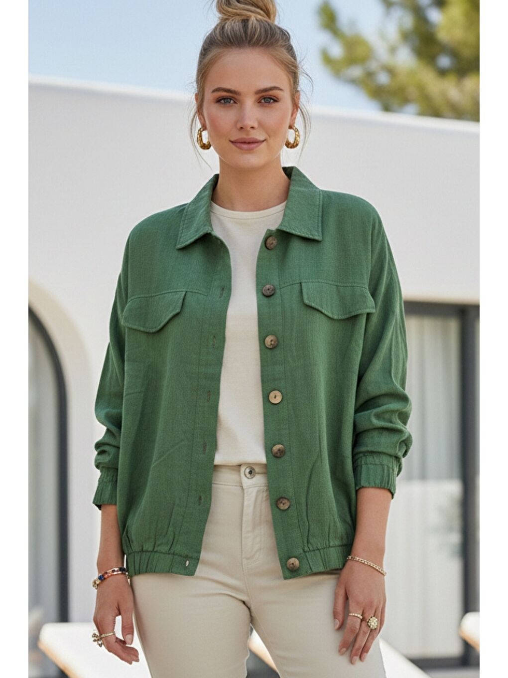 Yeşil Gömlek Yaka Manşetli Kollu Çift Kapaklı Cepli Casual Keten Görünümlü Dokuma Ceket 65 65-1
