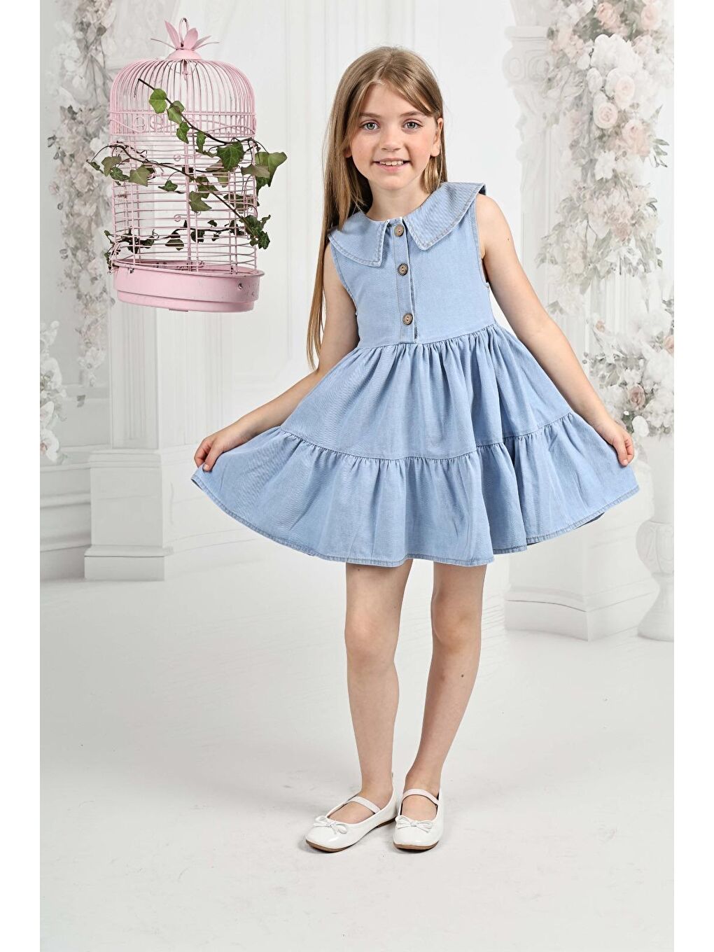 Mavi Kız Çocuk 3 Düğmeli-Kolsuz-Pile Etekli Jean Elbise 12200-1