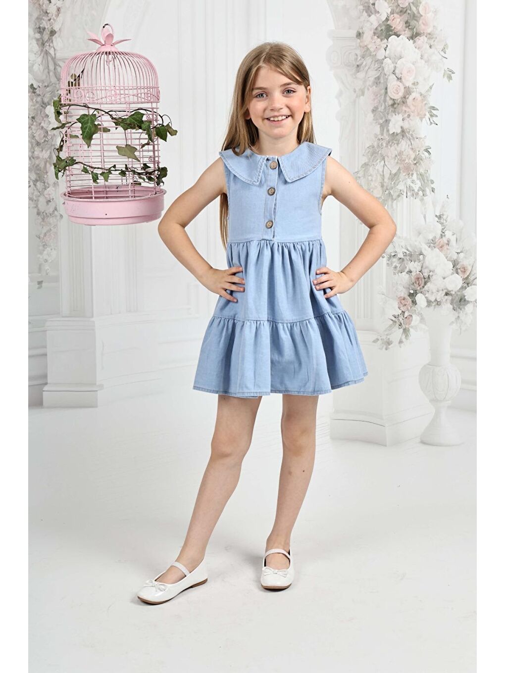 Mavi Kız Çocuk 3 Düğmeli-Kolsuz-Pile Etekli Jean Elbise 12200-2