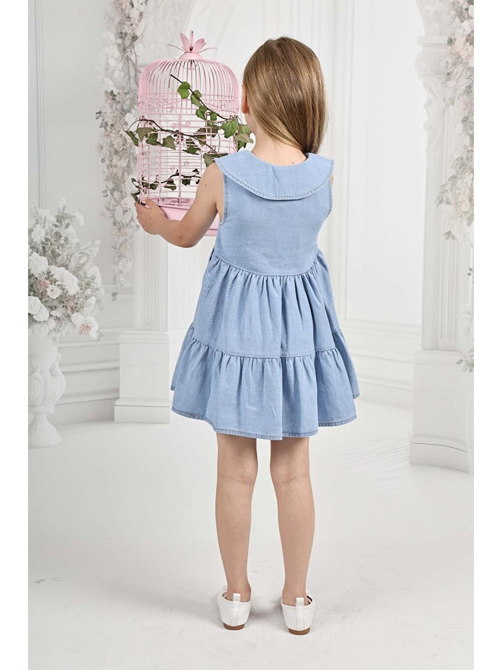 Mavi Kız Çocuk 3 Düğmeli-Kolsuz-Pile Etekli Jean Elbise 12200-4