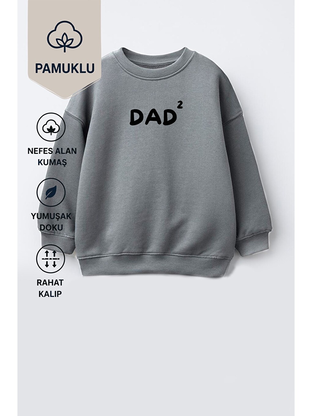 Gri Unisex Çocuk Baba Baskılı 3 İplik Kumaş Pamuklu Sweatshirt-1
